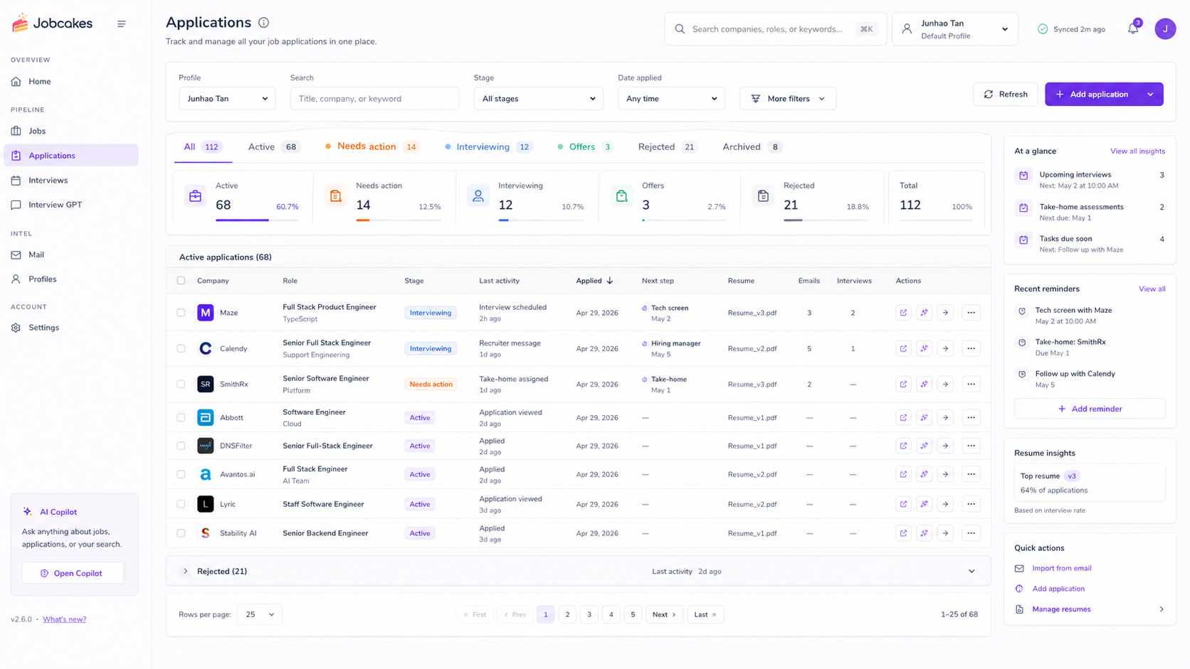 Jobcakes applications view with document generation