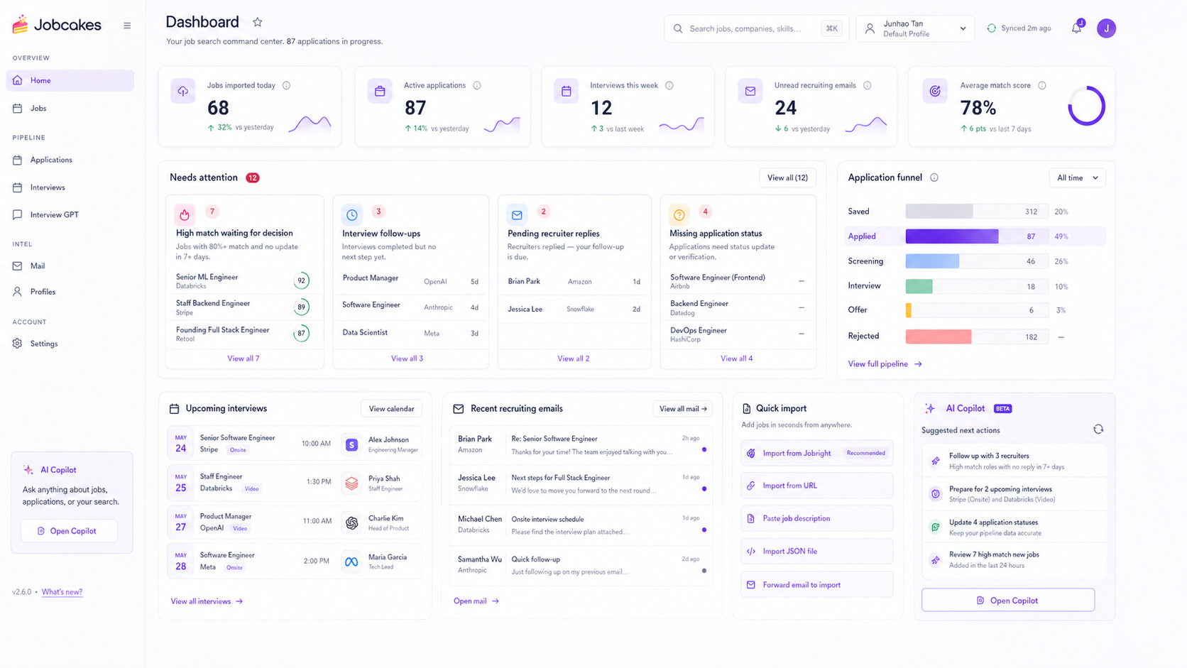 Jobcakes dashboard showing job application pipeline